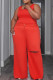 Red Casual Solid Ripped O Neck Sleeveless Two Pieces
