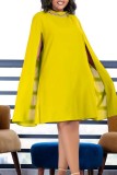 Lemon Yellow Casual Solid Patchwork Chains O Neck Long Sleeve Dresses