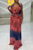 Brick Red Street Print Bandage Patchwork Halter Printed Dress Dresses