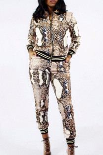 Snake Print Casual Animal Print Patchwork Pocket Zipper O Neck Long Sleeve Two Pieces