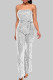 Silver White Street Solid Bandage Sequins Patchwork Strapless Regular Jumpsuits