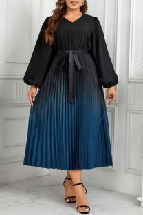 Deep Blue Casual Gradual Change Print Pleated V Neck Long Sleeve Plus Size Dresses
