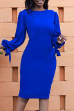 Colorful Blue Casual Solid Frenulum O Neck Long Sleeve Dresses