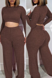 Rose Red Casual Solid Basic O Neck Long Sleeve Two Pieces