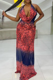 Brick Red Street Print Bandage Patchwork Halter Printed Dress Dresses