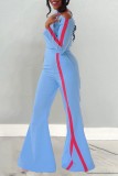 Blue Casual Solid Patchwork Oblique Collar Long Sleeve Two Pieces