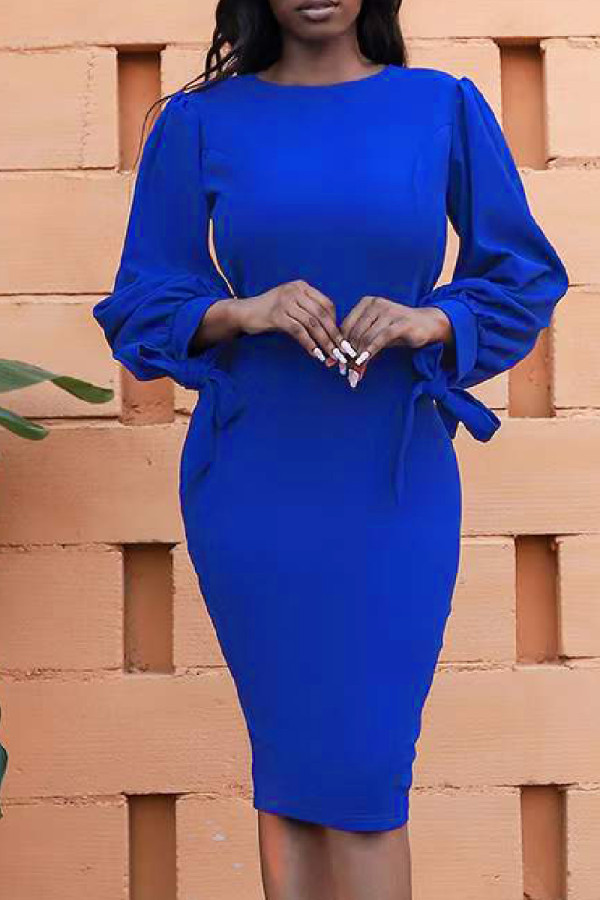 Colorful Blue Casual Solid Frenulum O Neck Long Sleeve Dresses