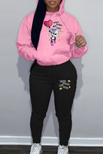 Pink Street Print Patchwork Draw String Pocket Hooded Collar Long Sleeve Two Pieces