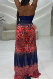 Brick Red Street Print Bandage Patchwork Halter Printed Dress Dresses
