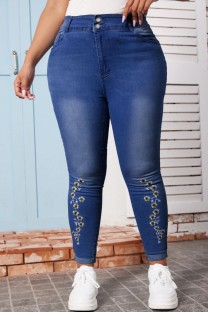 Deep Blue Casual Embroidery Patchwork Plus Size Jeans