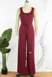 Burgundy Casual Solid Ripped O Neck Sleeveless Two Pieces