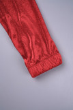 Red Casual Sportswear Solid Patchwork Draw String Zipper Zipper Collar Long Sleeve Two Pieces