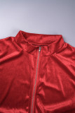 Red Casual Sportswear Solid Patchwork Draw String Zipper Zipper Collar Long Sleeve Two Pieces