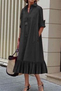 Black Casual Solid Patchwork Turndown Collar Long Sleeve Dresses