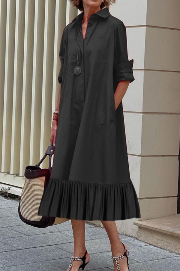 Black Casual Solid Patchwork Turndown Collar Long Sleeve Dresses