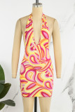 Pink Sexy Print Backless Halter Sleeveless Dress Dresses