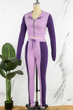 Purple Casual Patchwork Contrast Zipper Collar Long Sleeve Two Pieces
