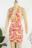 Pink Sexy Print Backless Halter Sleeveless Dress Dresses