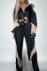 Black Casual Patchwork See-through Contrast Turndown Collar Long Sleeve Two Pieces
