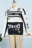 Red Street Letter Print Patchwork Pocket Buckle Buttons Printing Mandarin Collar Long Sleeve Two Pieces(Detachable)