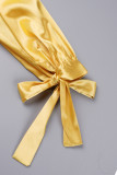 Yellow Elegant Solid Bandage Patchwork Beading Mandarin Collar Ball Gown Dresses