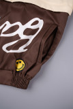 Red Street Letter Print Patchwork Pocket Buckle Buttons Printing Mandarin Collar Long Sleeve Two Pieces(Detachable)