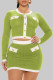 Green Yellow Sexy Solid Patchwork Buckle Buttons O Neck Long Sleeve Two Pieces