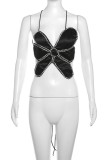 Black Sexy Patchwork Hot Drilling Bandage Backless Halter Tops
