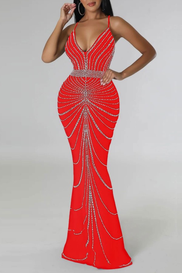 Red Sexy Patchwork Hot Drilling Backless Spaghetti Strap Long Dress Dresses
