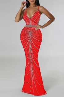 Red Sexy Patchwork Hot Drilling Backless Spaghetti Strap Long Dress Dresses