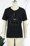 Black Street Daily Print Patchwork O Neck T-Shirts