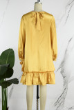 Yellow Elegant Solid Bandage Patchwork Beading Mandarin Collar Ball Gown Dresses