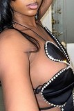 Black Sexy Patchwork Hot Drilling Bandage Backless Halter Tops
