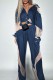 Blue Casual Patchwork See-through Contrast Turndown Collar Long Sleeve Two Pieces
