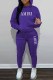 Dark Purple Casual Print Letter Hooded Collar Long Sleeve Two Pieces