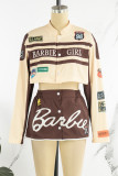 Red Street Letter Print Patchwork Pocket Buckle Buttons Printing Mandarin Collar Long Sleeve Two Pieces(Detachable)