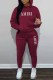 Burgundy Casual Print Letter Hooded Collar Long Sleeve Two Pieces