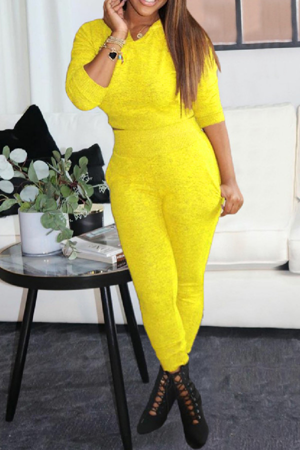Yellow Casual Solid Basic Hooded Collar Long Sleeve Two Pieces
