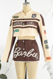 Red Street Letter Print Patchwork Pocket Buckle Buttons Printing Mandarin Collar Long Sleeve Two Pieces(Detachable)