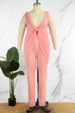 Apricot Sexy Casual Solid Patchwork See-through V Neck Plus Size Jumpsuits