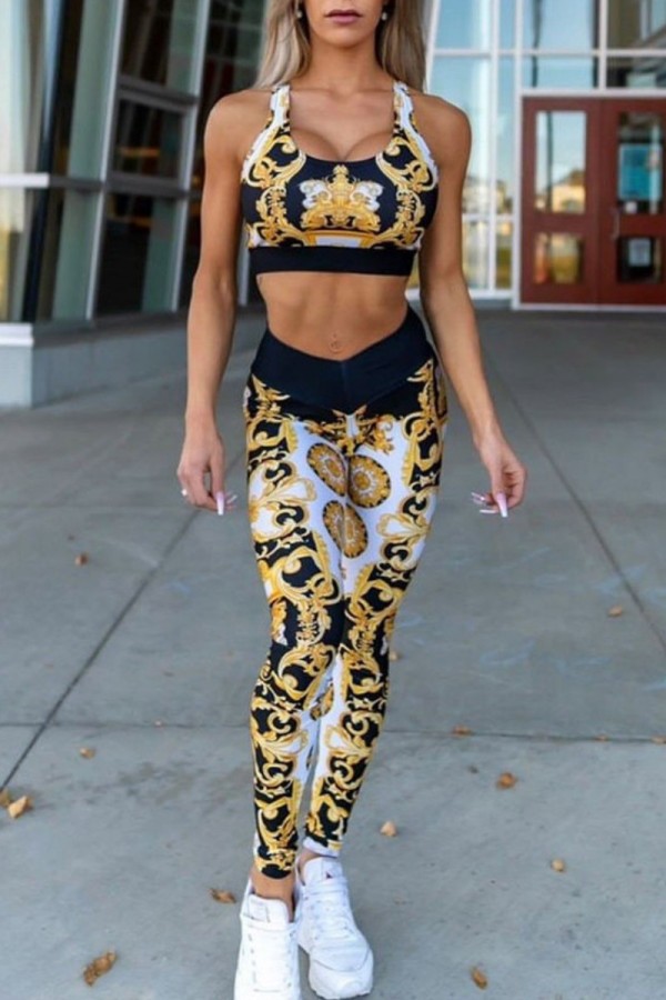 White Casual Sportswear Print Patchwork Vests Pants U Neck Sleeveless Two Pieces