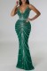Green Sexy Patchwork Hot Drilling Backless Spaghetti Strap Long Dress Dresses