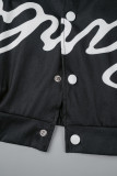 Red Street Letter Print Patchwork Pocket Buckle Buttons Printing Mandarin Collar Long Sleeve Two Pieces(Detachable)
