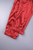Red Casual Sportswear Solid Patchwork Draw String Zipper Zipper Collar Long Sleeve Two Pieces