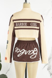 Red Street Letter Print Patchwork Pocket Buckle Buttons Printing Mandarin Collar Long Sleeve Two Pieces(Detachable)