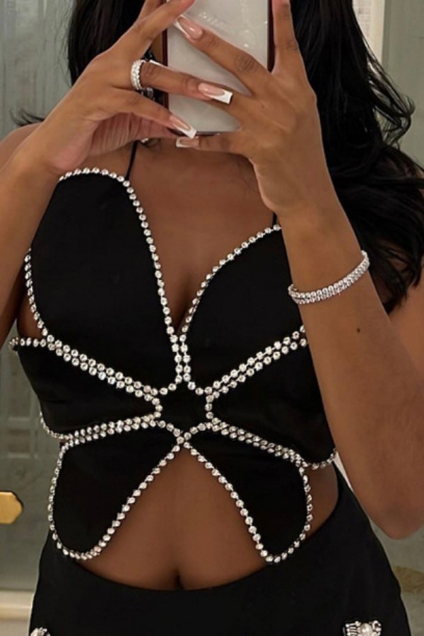 Black Sexy Patchwork Hot Drilling Bandage Backless Halter Tops