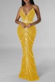 Yellow Sexy Patchwork Hot Drilling Backless Spaghetti Strap Long Dress Dresses
