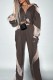 Brown Casual Patchwork See-through Contrast Turndown Collar Long Sleeve Two Pieces