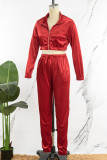 Red Casual Sportswear Solid Patchwork Draw String Zipper Zipper Collar Long Sleeve Two Pieces
