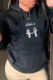 Black Street Print Draw String Hooded Collar Tops